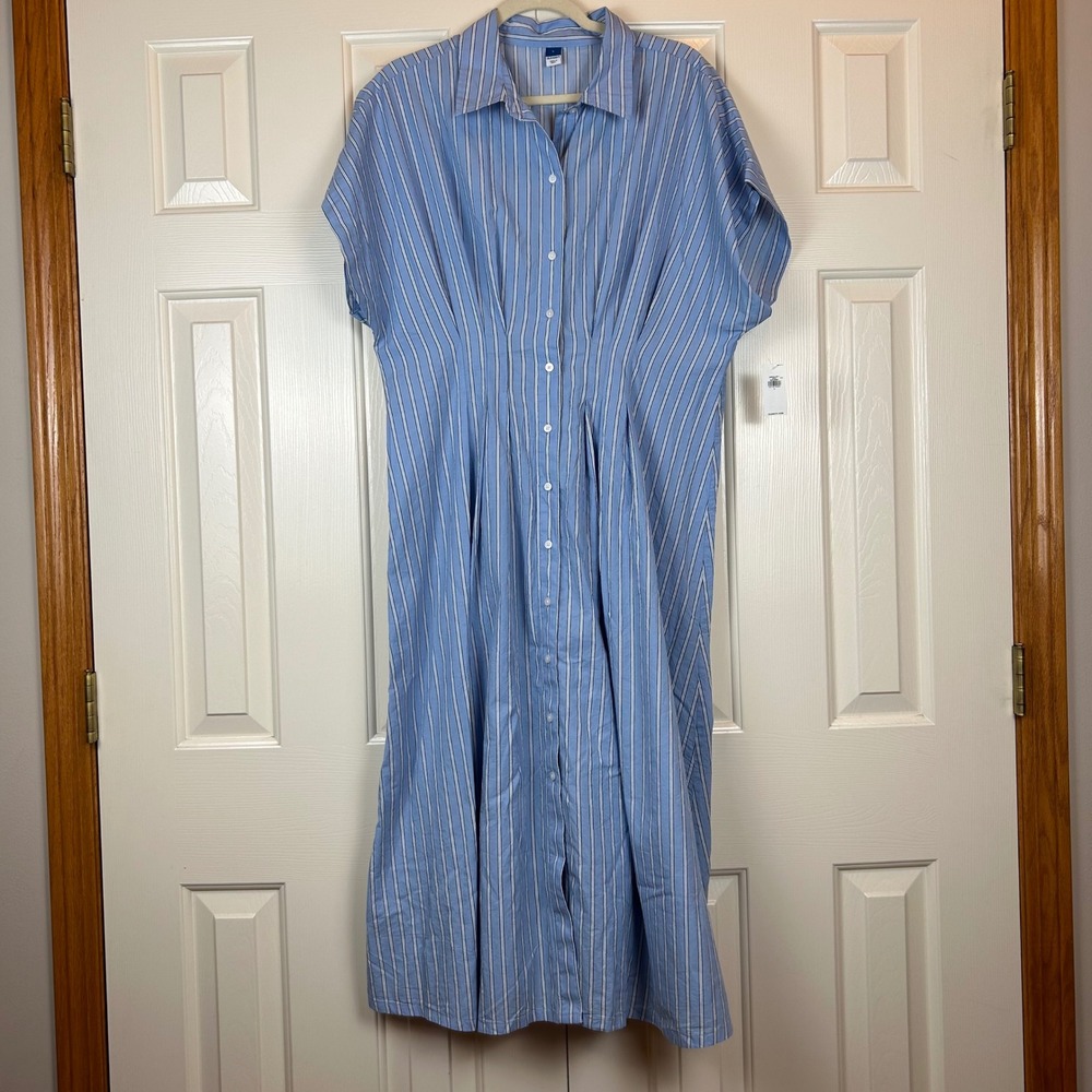 NWT Old Navy Pintuck Waist Striped Cotton Midi Shirt Dress Size L